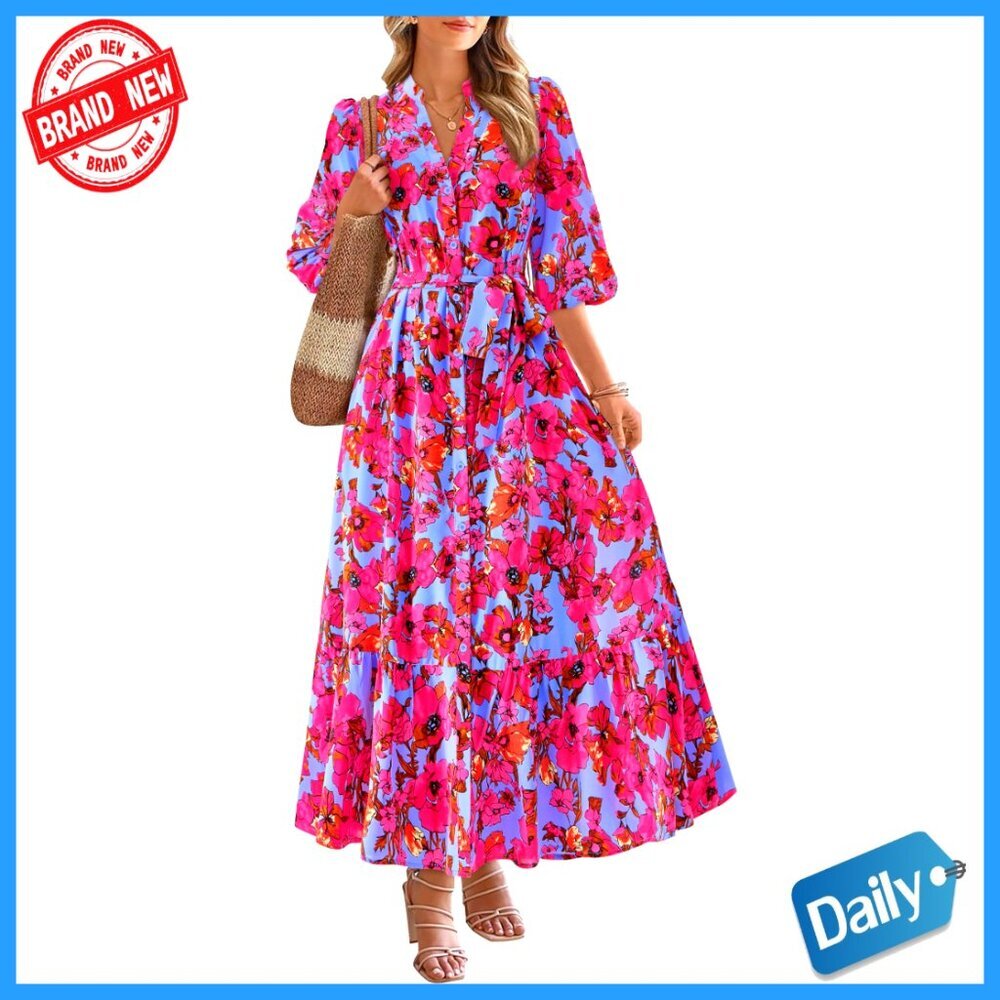 Floral Maxi Dress Boho Casual V Neck Puff Sleeve Button Down Tie Waist Flowy